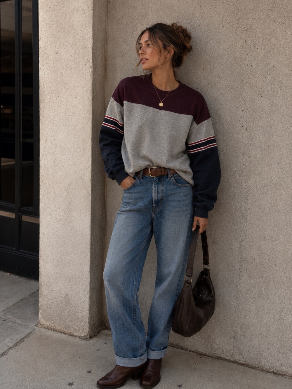 Harlow Colorblock Crewneck Sweatshirt in Gray, Navy & Burgundy
